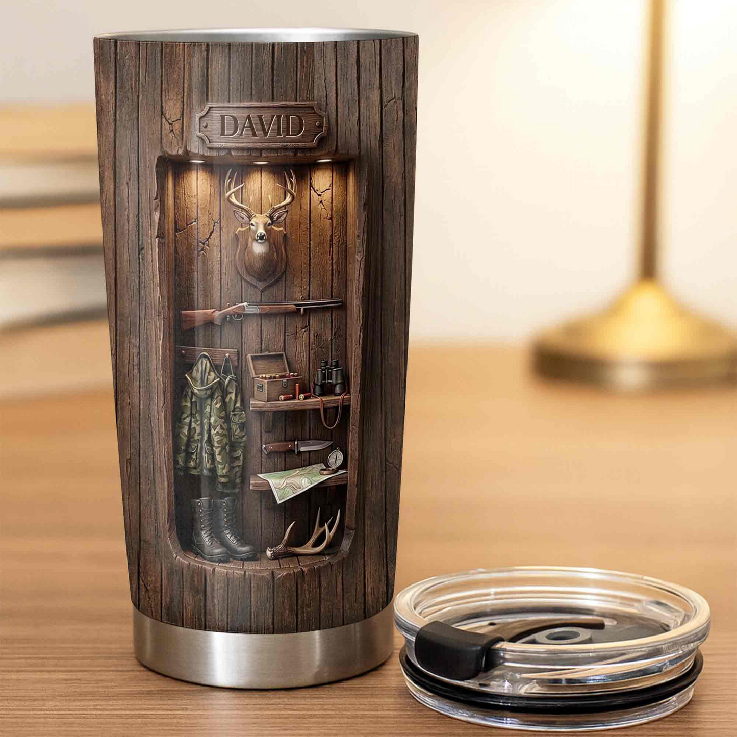 Personalized Hunting Tumbler - Custom Deer Wood Cabin Travel Tumbler