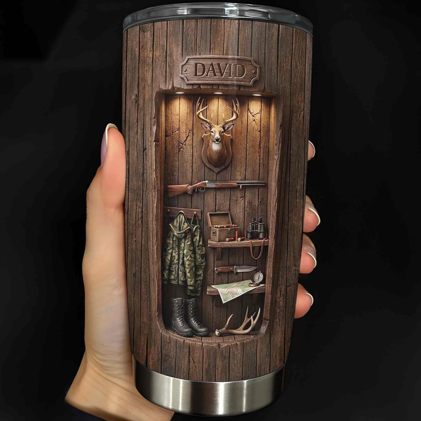 Personalized Hunting Tumbler - Custom Deer Wood Cabin Travel Tumbler