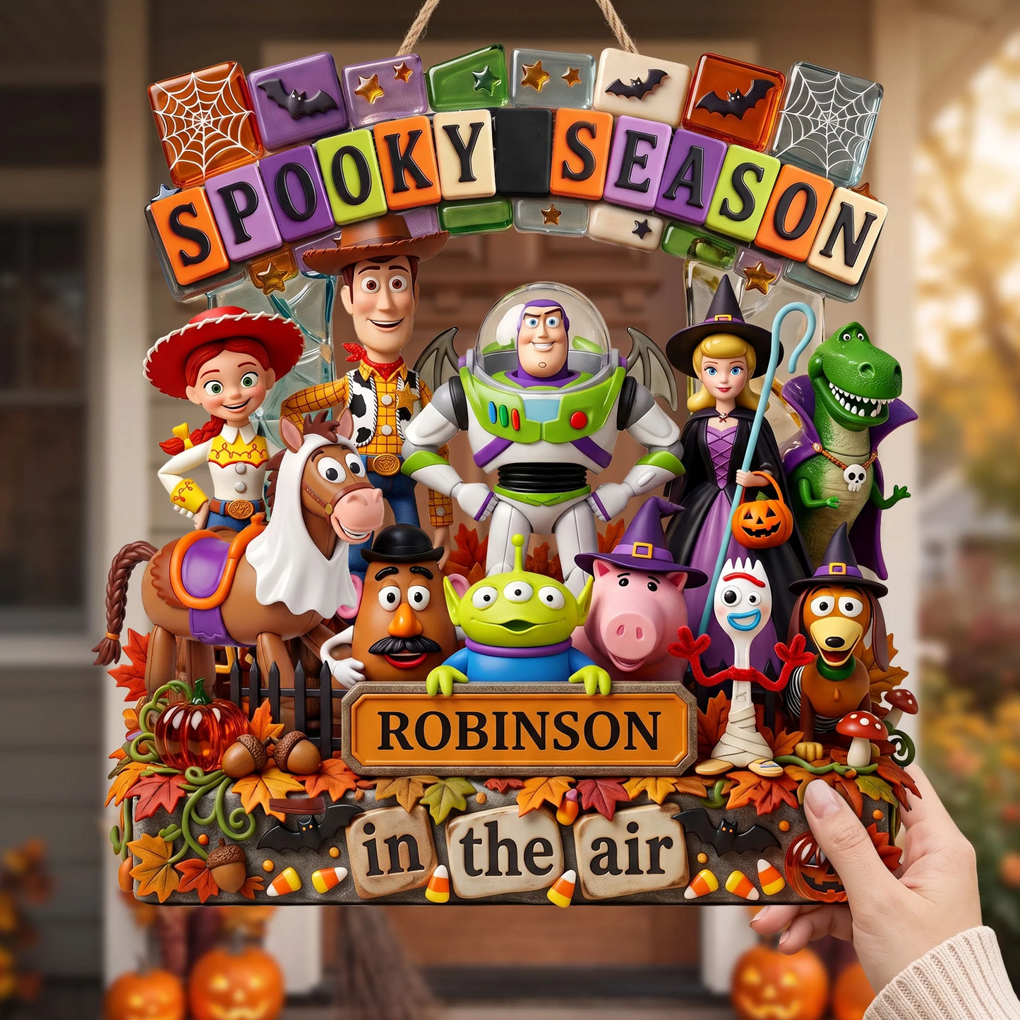 Personalized Halloween Toy Friends Wood Sign - Spooky Season Cartoon Characters Family Decor