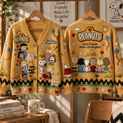 Happy Friends Together Custom Name Gifts For Her - Personalized Knitted Cardigan