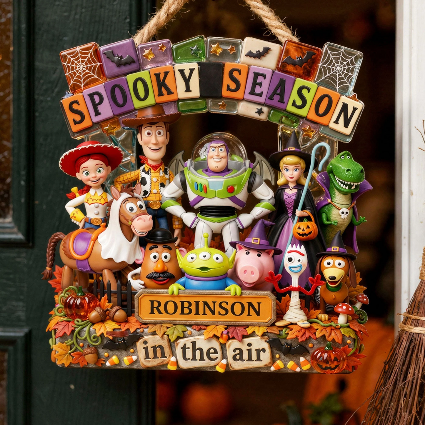 Personalized Halloween Toy Friends Wood Sign - Spooky Season Cartoon Characters Family Decor
