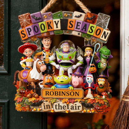 Personalized Halloween Toy Friends Wood Sign - Spooky Season Cartoon Characters Family Decor