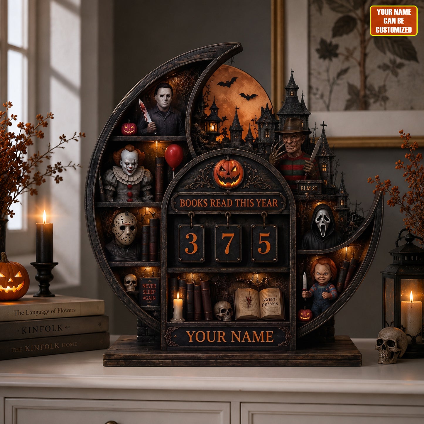 Horror Icons Wooden Book Tracker – Custom Name Gift for Readers, Books Read This Year Counter