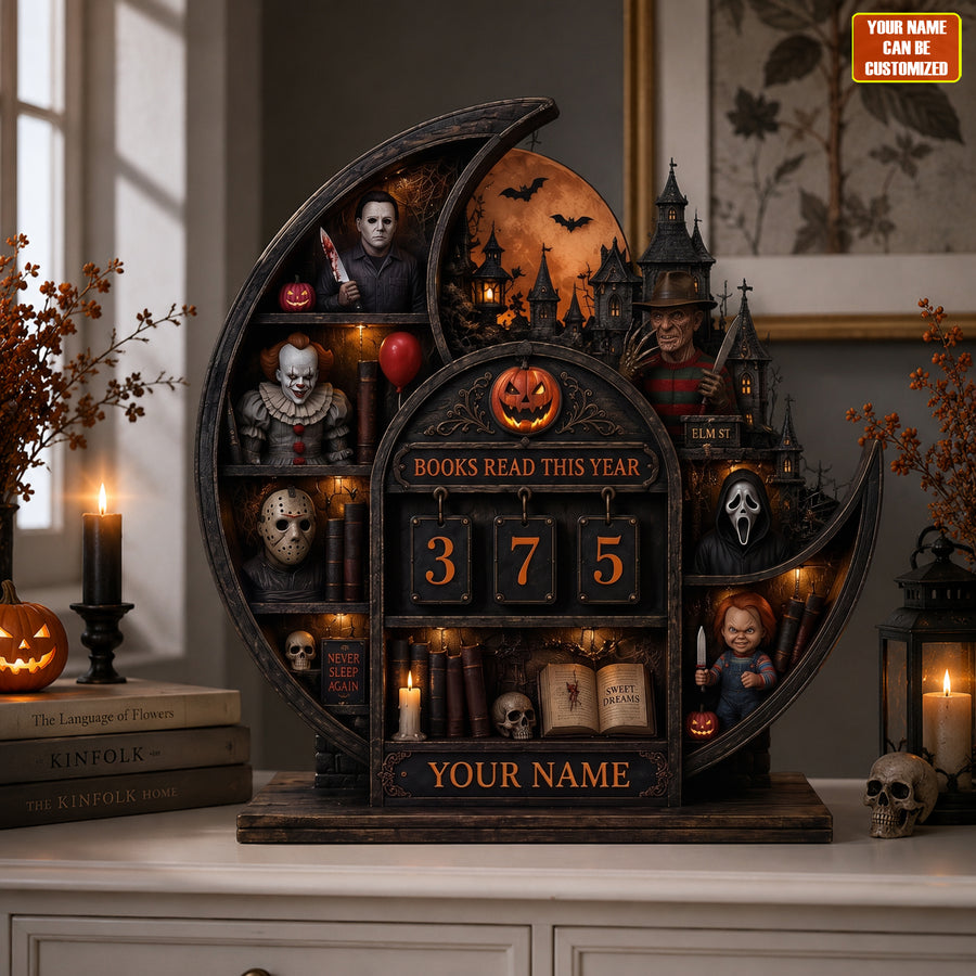 Horror Icons Wooden Book Tracker – Custom Name Gift for Readers, Books Read This Year Counter