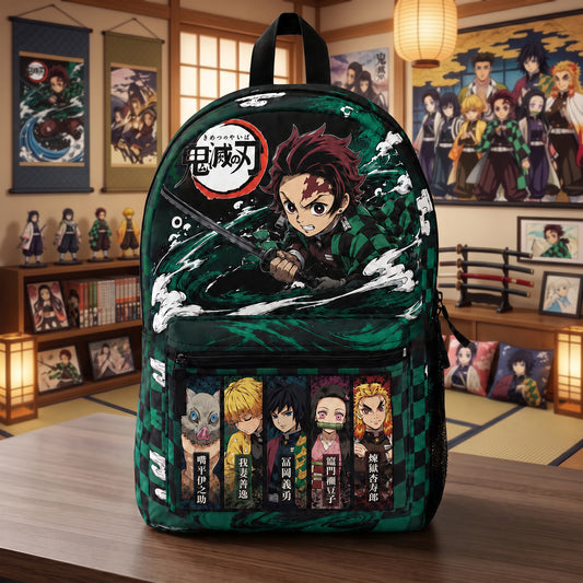 Anime Sword Fighter Backpack – Green Checkered School Bag, Manga Fan Gift