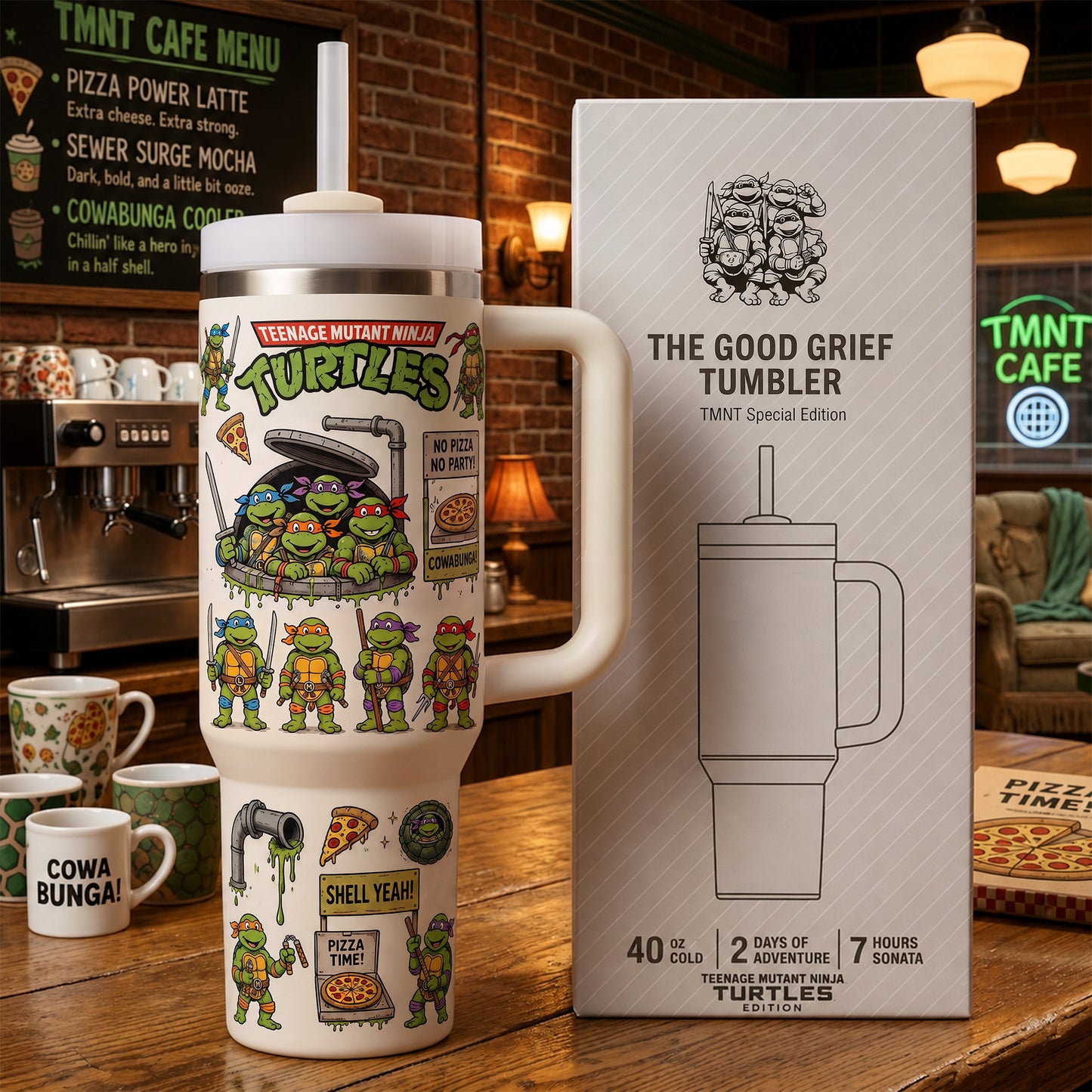 Retro Turtle Heroes Tumbler – Comic Insulated Cup with Handle