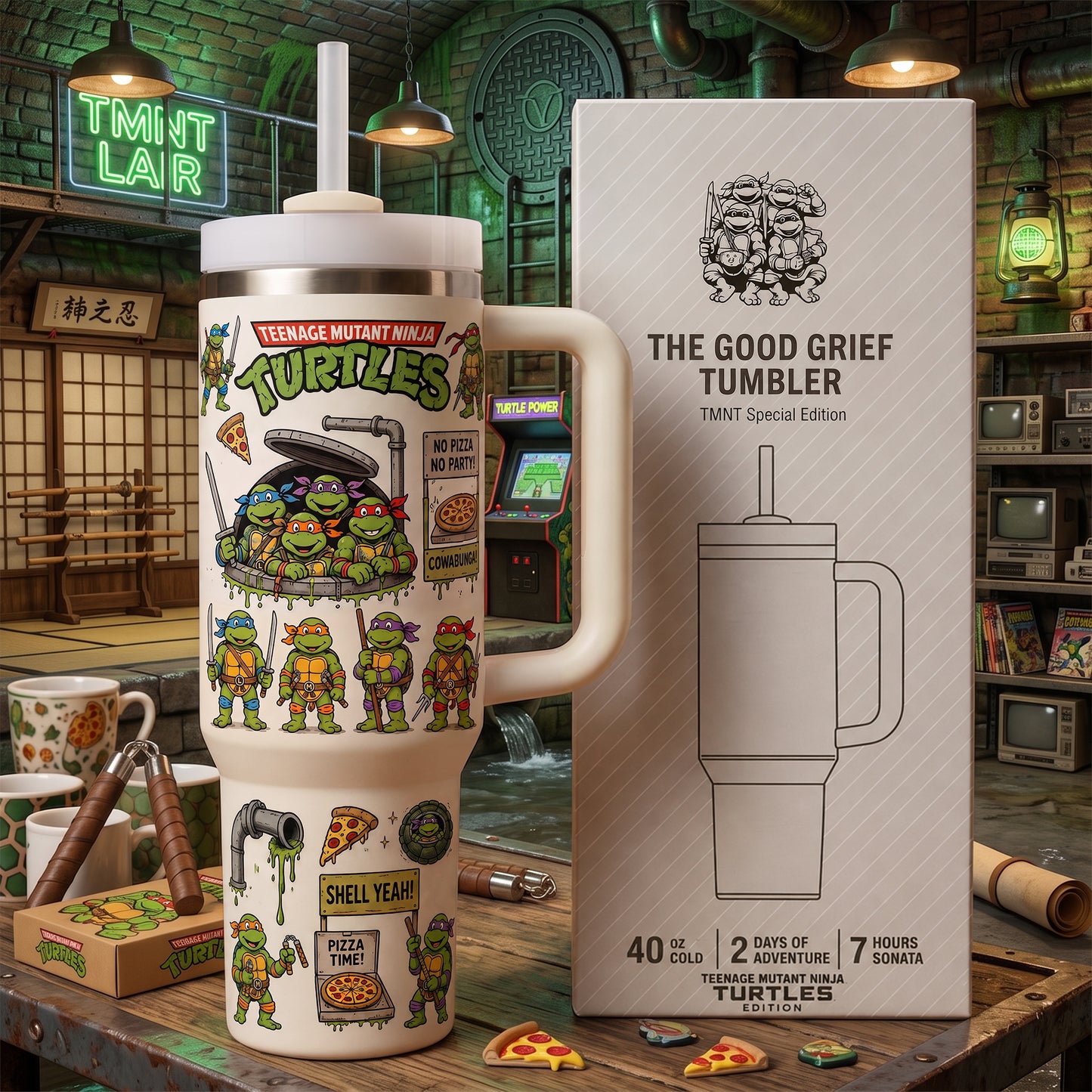 Retro Turtle Heroes Tumbler – Comic Insulated Cup with Handle