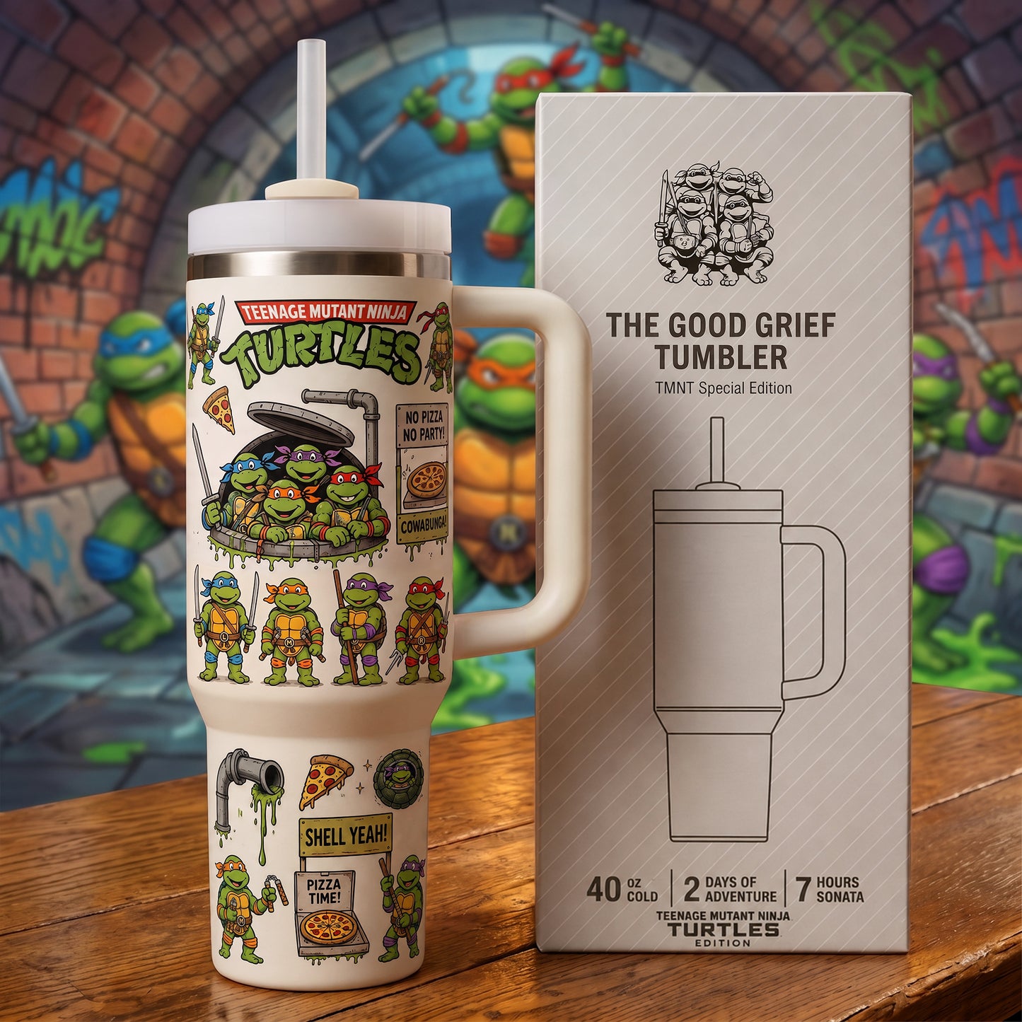 Retro Turtle Heroes Tumbler – Comic Insulated Cup with Handle