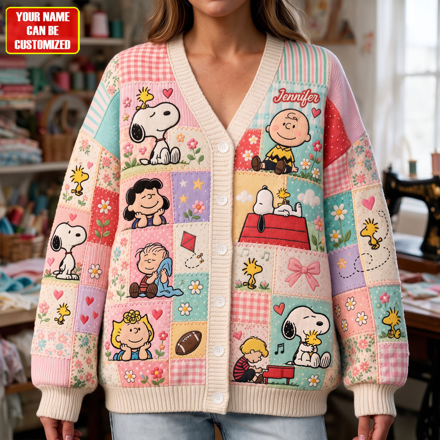 Cute Cartoon Friends Patchwork - Personalized Knitted Cardigan