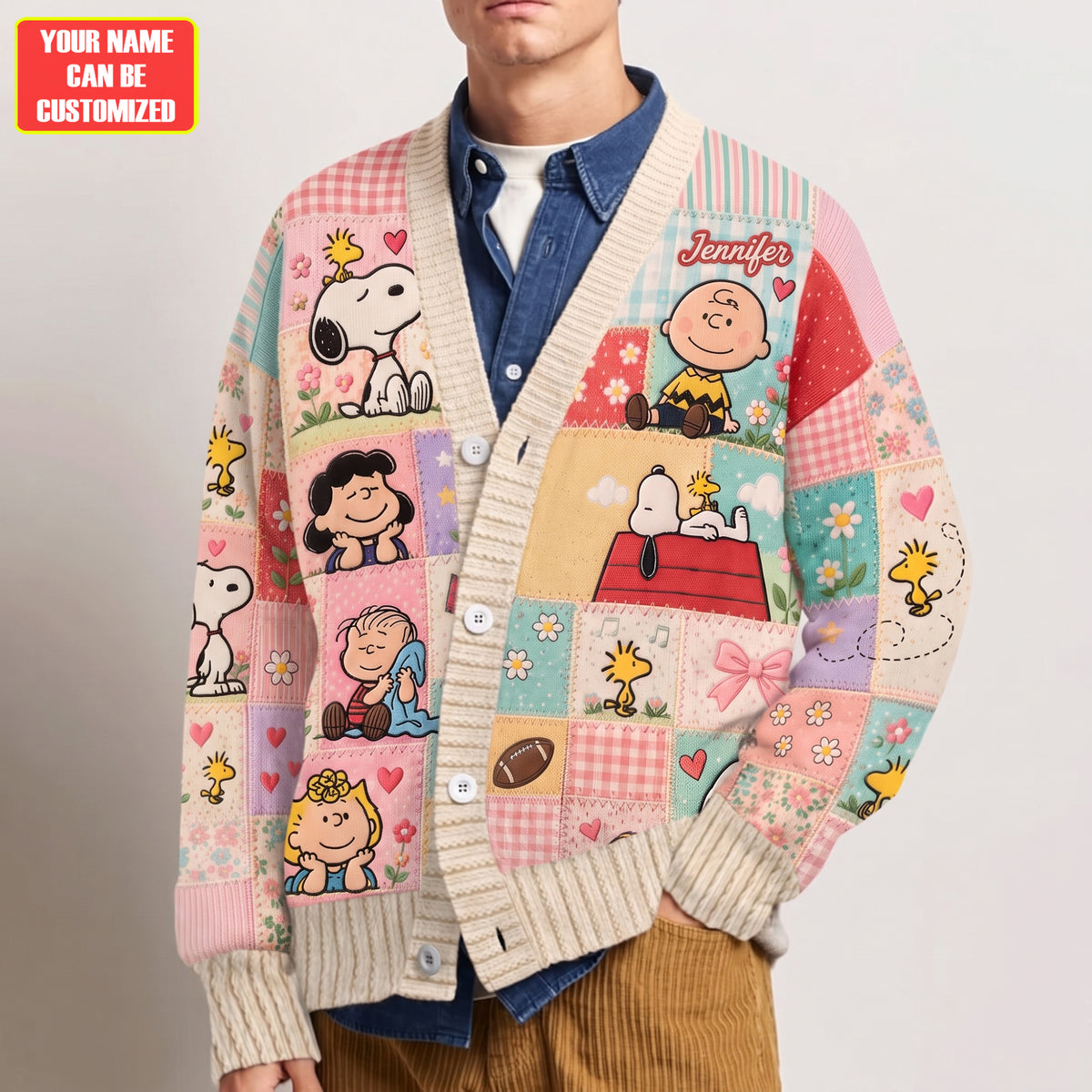 Cute Cartoon Friends Patchwork - Personalized Knitted Cardigan