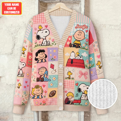Cute Cartoon Friends Patchwork - Personalized Knitted Cardigan