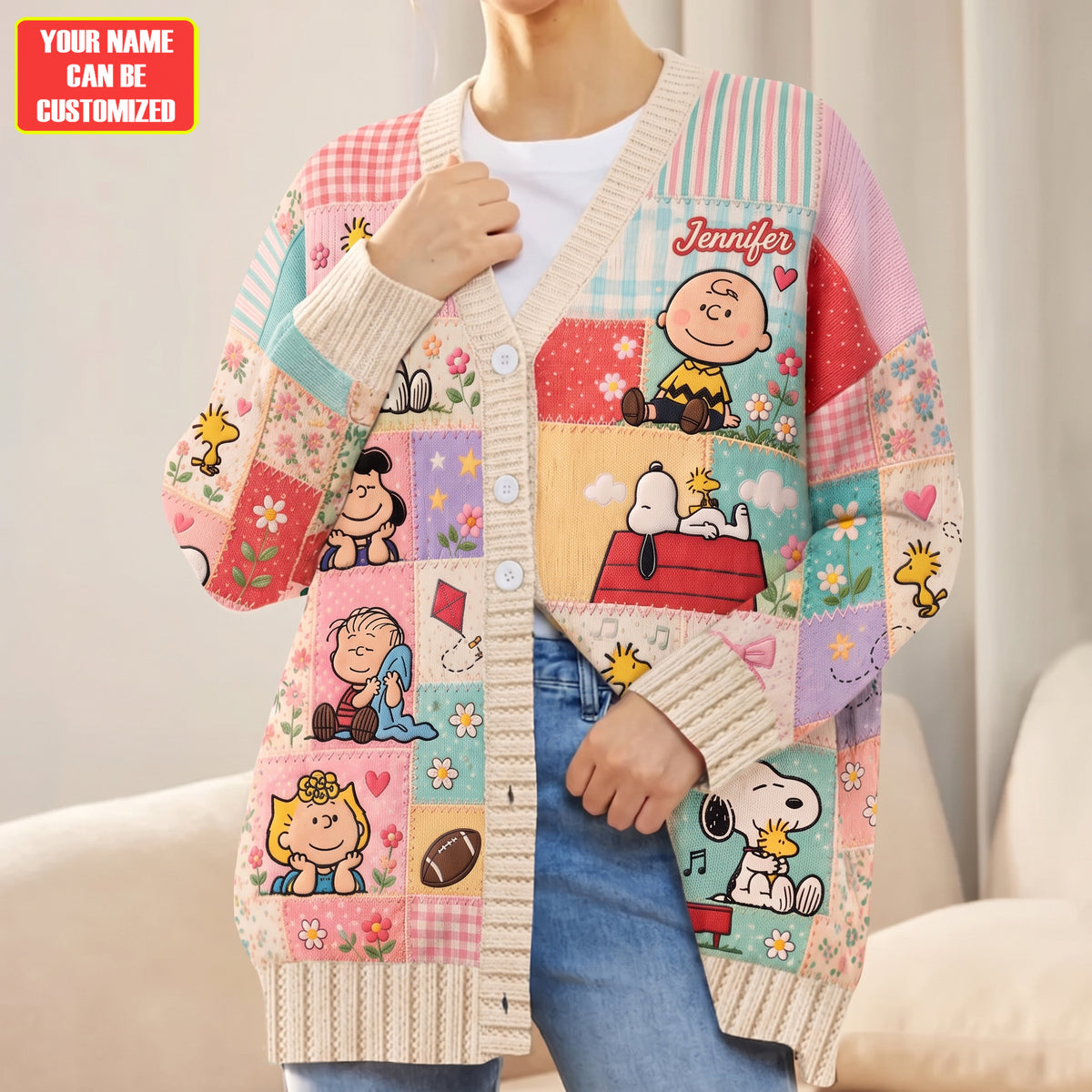 Cute Cartoon Friends Patchwork - Personalized Knitted Cardigan