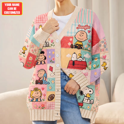 Cute Cartoon Friends Patchwork - Personalized Knitted Cardigan