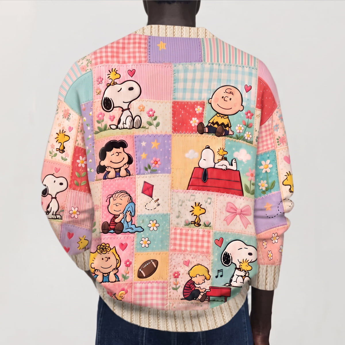 Cute Cartoon Friends Patchwork - Personalized Knitted Cardigan