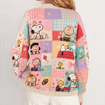 Cute Cartoon Friends Patchwork - Personalized Knitted Cardigan