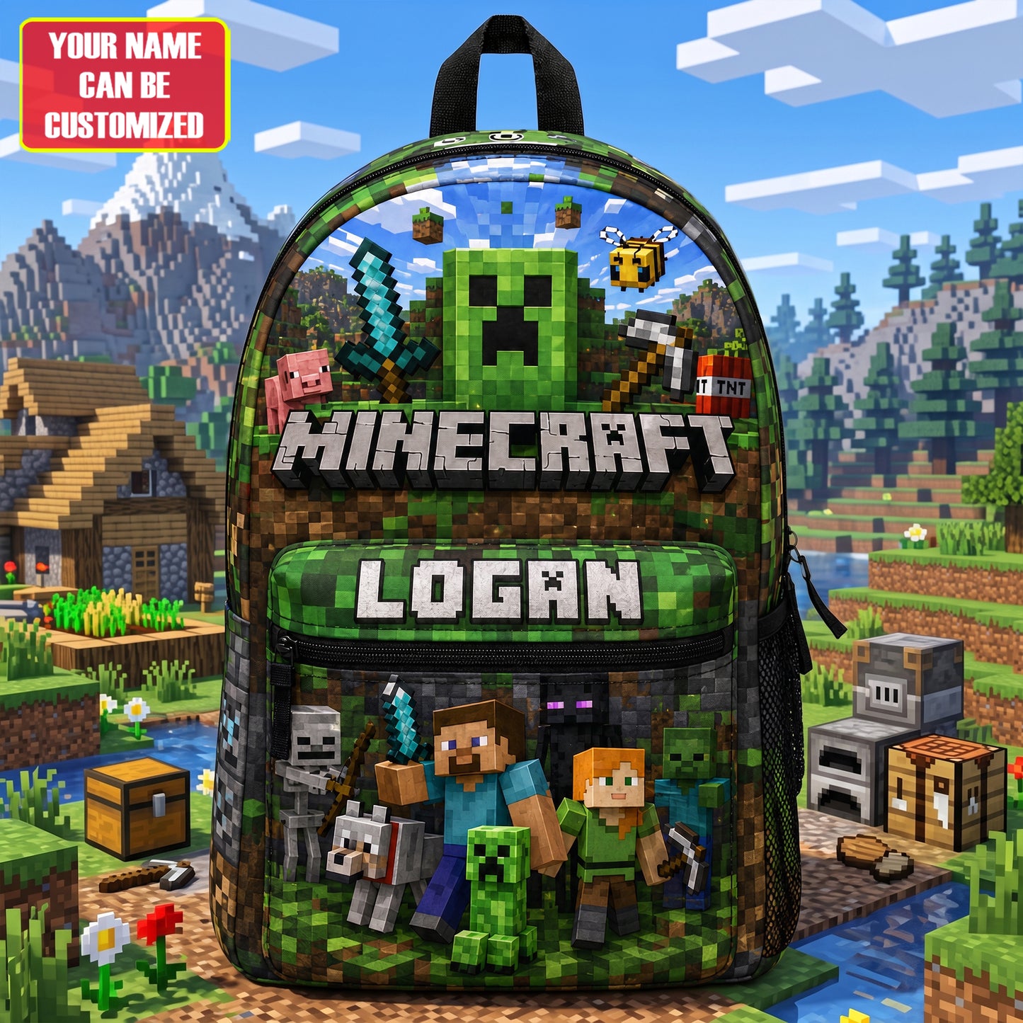 Personalized Gamer Pixel Adventure Backpack with Custom Name – Adventure School Bag for Kids