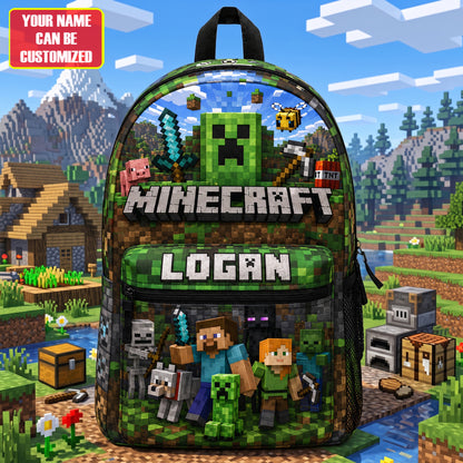 Personalized Gamer Pixel Adventure Backpack with Custom Name – Adventure School Bag for Kids