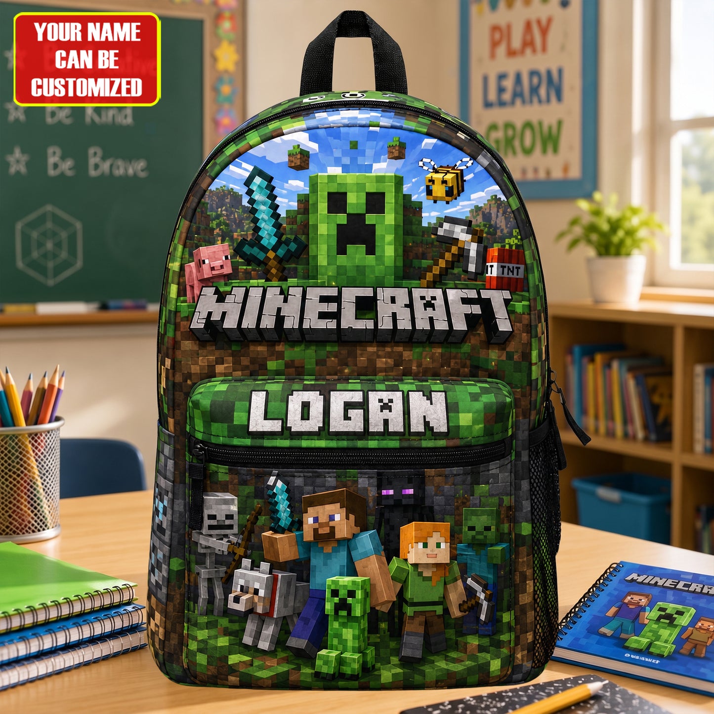 Personalized Gamer Pixel Adventure Backpack with Custom Name – Adventure School Bag for Kids