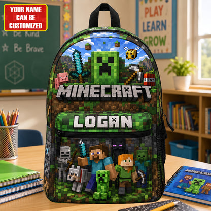 Personalized Gamer Pixel Adventure Backpack with Custom Name – Adventure School Bag for Kids