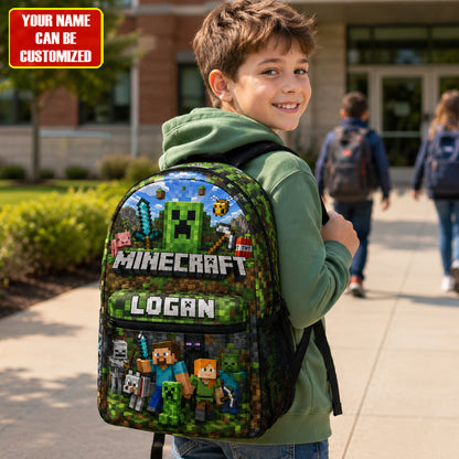 Personalized Gamer Pixel Adventure Backpack with Custom Name – Adventure School Bag for Kids