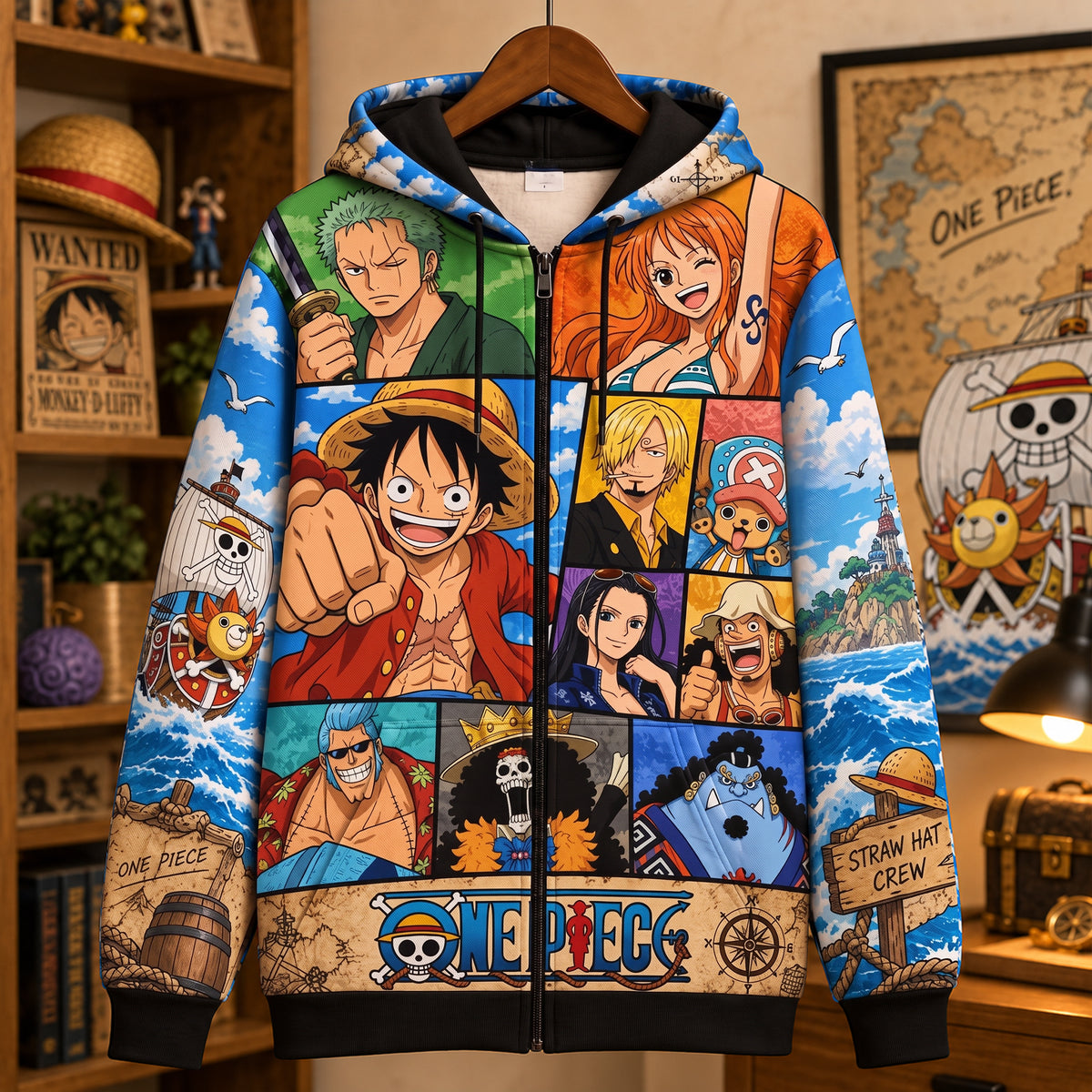 Anime Pirate Friends Zip Hoodie – Retro Anime Pullover Gift
