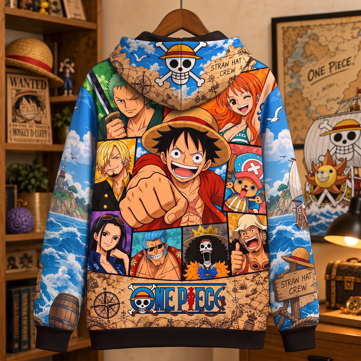 Anime Pirate Friends Zip Hoodie – Retro Anime Pullover Gift