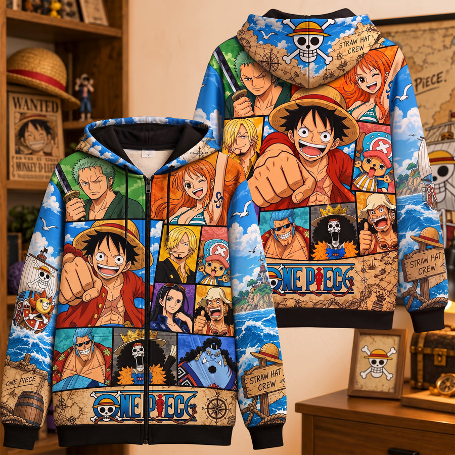 Anime Pirate Friends Zip Hoodie – Retro Anime Pullover Gift