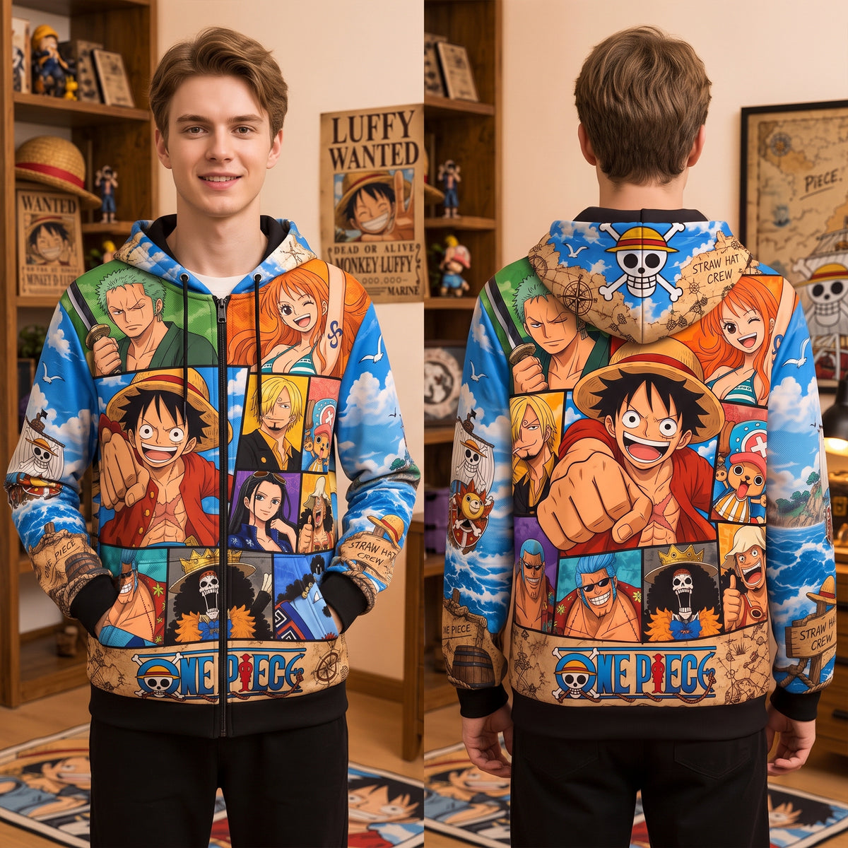 Anime Pirate Friends Zip Hoodie – Retro Anime Pullover Gift