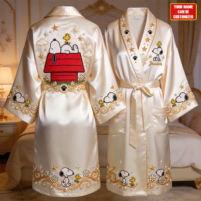 Classic Cartoon Puppy & Little Bird - Personalized Cartoon Women’s Satin Robe