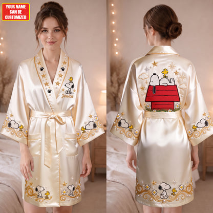 Classic Cartoon Puppy & Little Bird - Personalized Cartoon Women’s Satin Robe