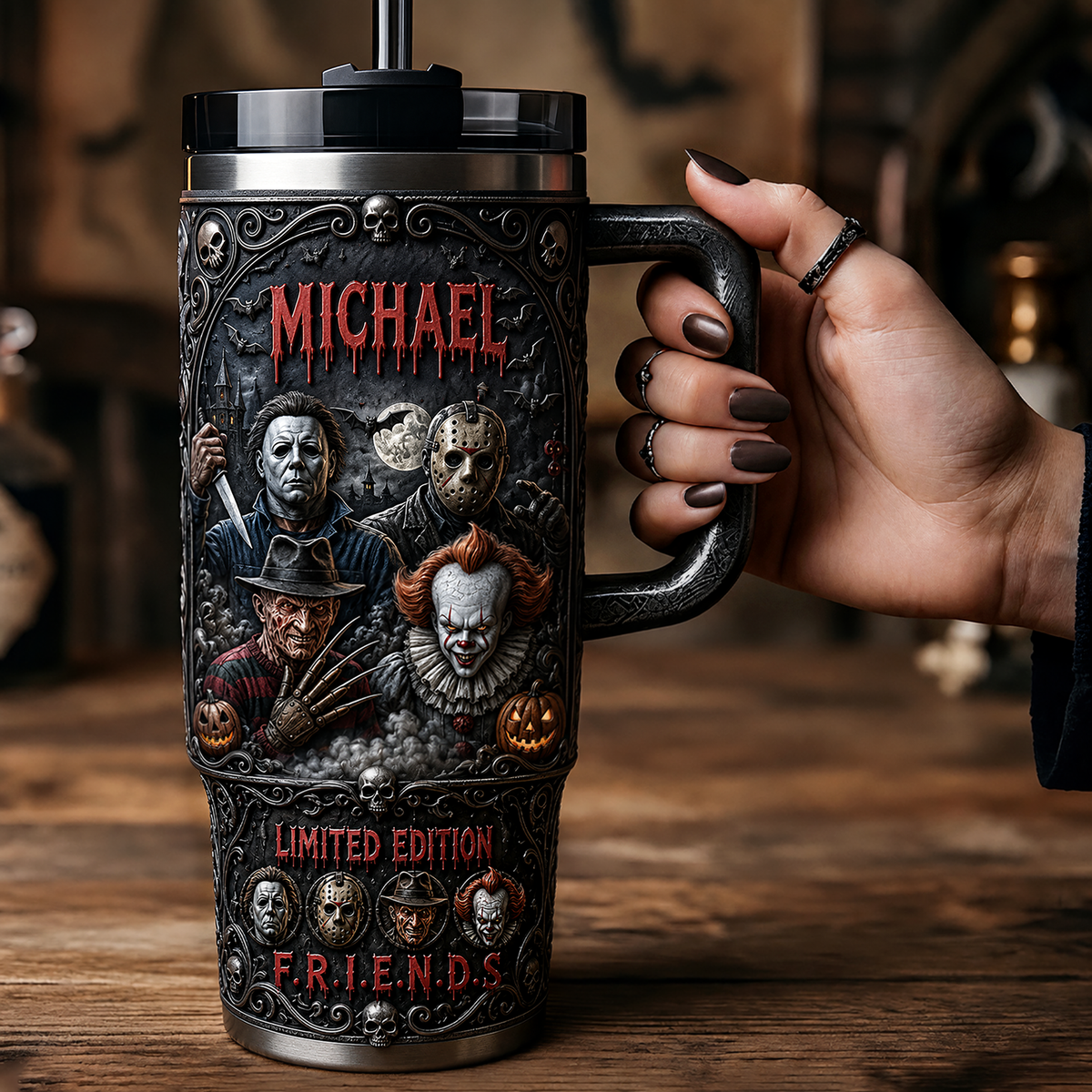 Halloween Horror Friends Tumbler With Handle - Personalized Gifts For Horror Fans