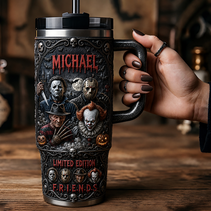 Halloween Horror Friends Tumbler With Handle - Personalized Gifts For Horror Fans