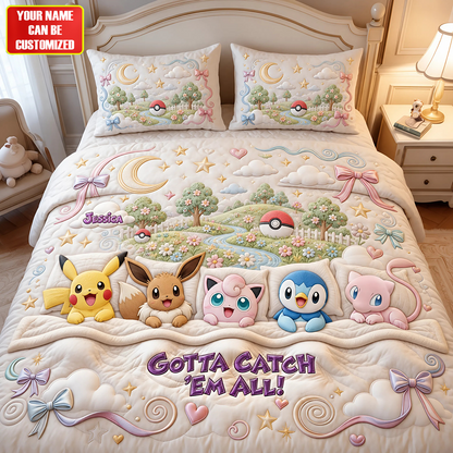 Cute Fantasy Creature Friends - Personalized Quilt Bedding Set, Gift for Adventure Game Lovers