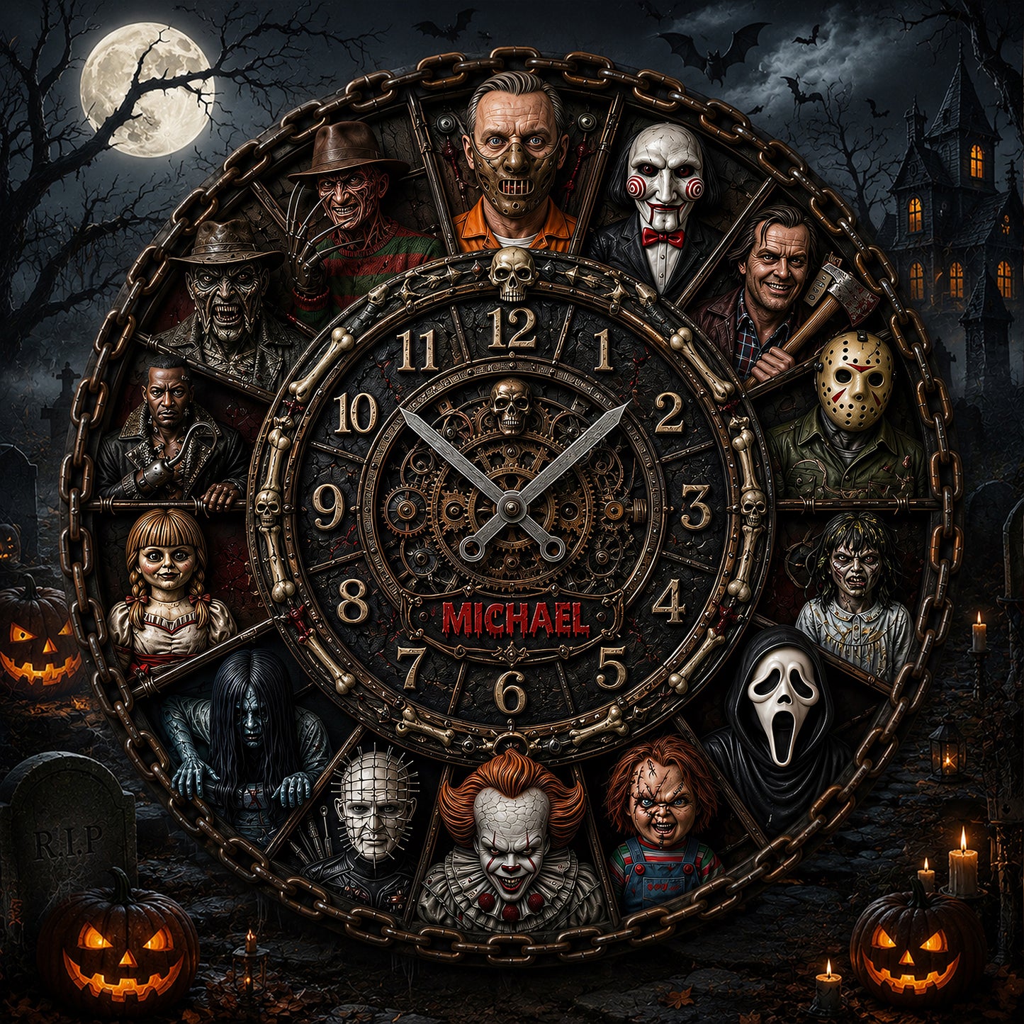 Halloween Horror Characters Acrylic Hanging Wall Clock - Personalized Gifts For Horror Lovers V2