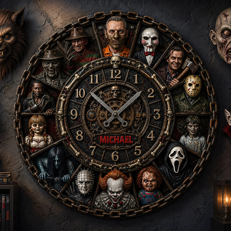 Halloween Horror Characters Acrylic Hanging Wall Clock - Personalized Gifts For Horror Lovers V2