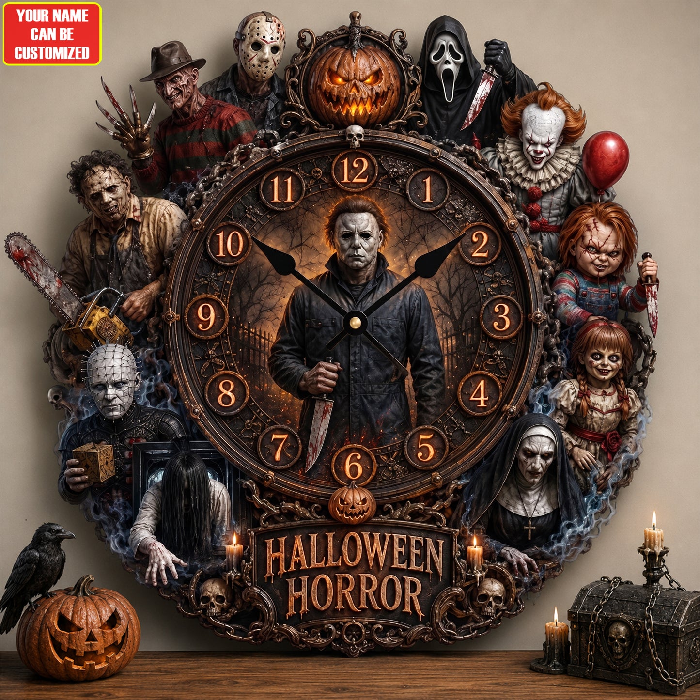 Halloween Horror Characters Acrylic Hanging Wall Clock - Personalized Gifts For Horror Lovers V3