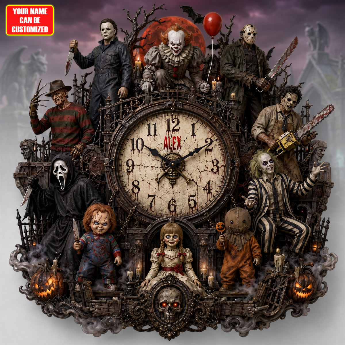 Halloween Horror Haunted Acrylic Hanging Wall Clock - Personalized Gifts For Horror Lovers