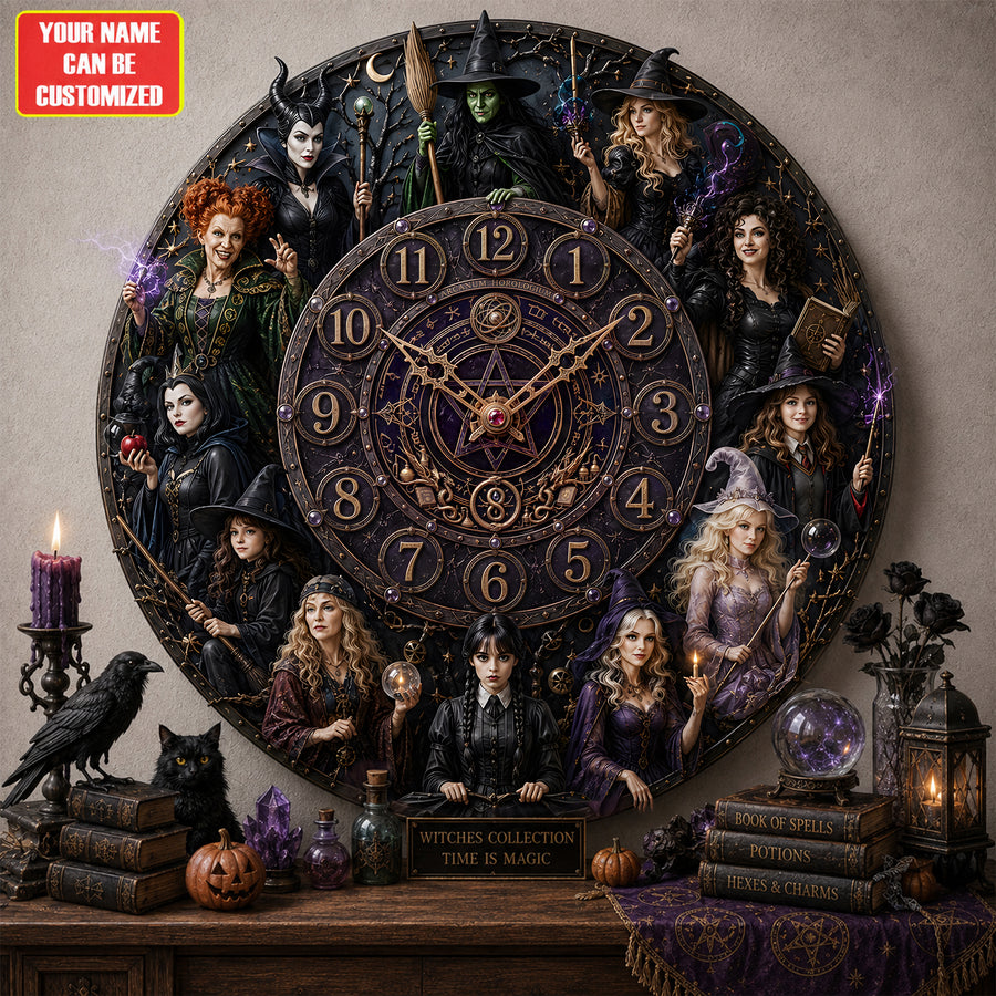 Halloween Witch Characters Acrylic Hanging Wall Clock - Personalized Gifts For Witch Lovers