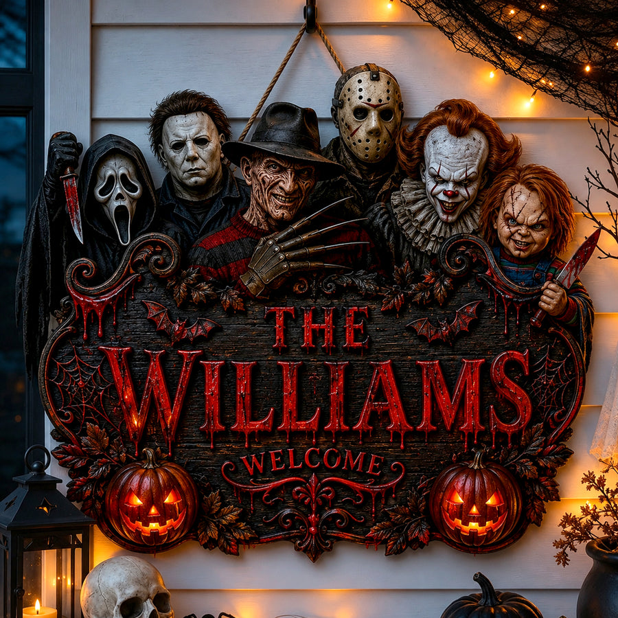 Personalized Halloween Horror Characters Welcome Sign V2- Custom Family Name Horror Decor