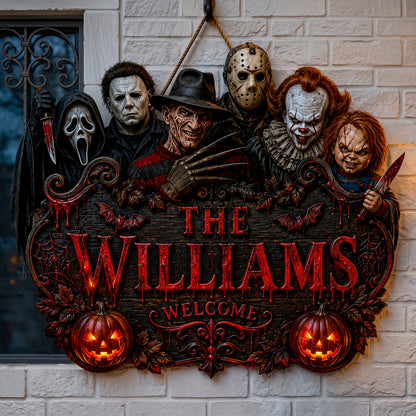 Personalized Halloween Horror Characters Welcome Sign V2- Custom Family Name Horror Decor