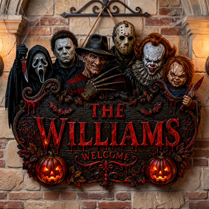 Personalized Halloween Horror Characters Welcome Sign V2- Custom Family Name Horror Decor