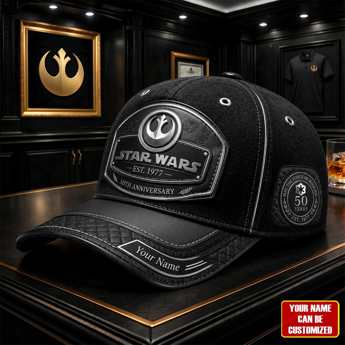 Vintage The Force 50th Anniversary Leather Cap - Personalized Leather Classic Cap, Gift For Movie Fans