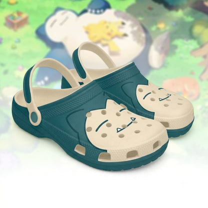 Cute Sleeping Creature Clogs – Teal Cream Cartoon Character Slip-On Clogs