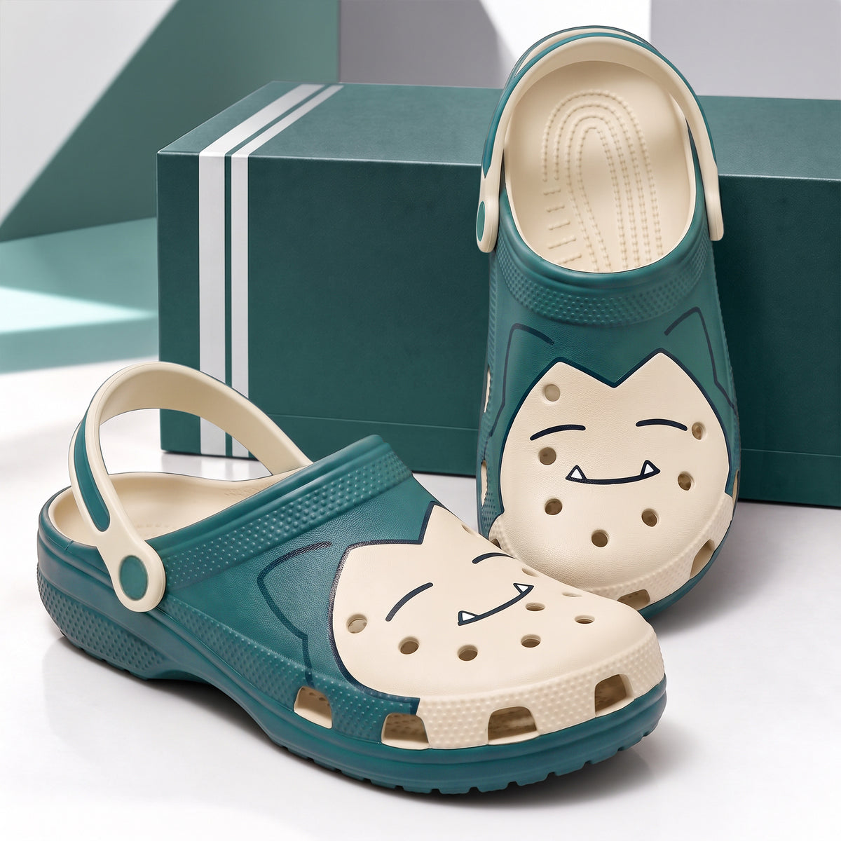 Cute Sleeping Creature Clogs – Teal Cream Cartoon Character Slip-On Clogs