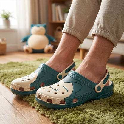 Cute Sleeping Creature Clogs – Teal Cream Cartoon Character Slip-On Clogs