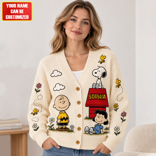 Personalized Classic Puppy & Friends Cardigan – Custom Name Cozy Cartoon Knit Sweater