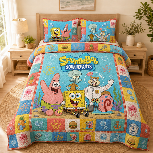 Undersea Cartoon Friends Quilt Bedding Set - Colorful Ocean Adventure Design