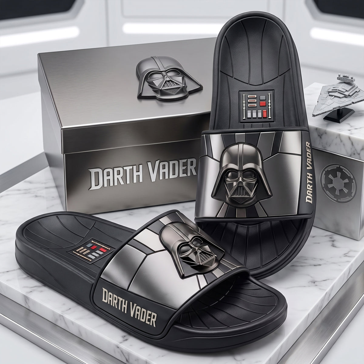 Dark Galactic Lord Leather Sandals – Black Sci-Fi Empire Slides