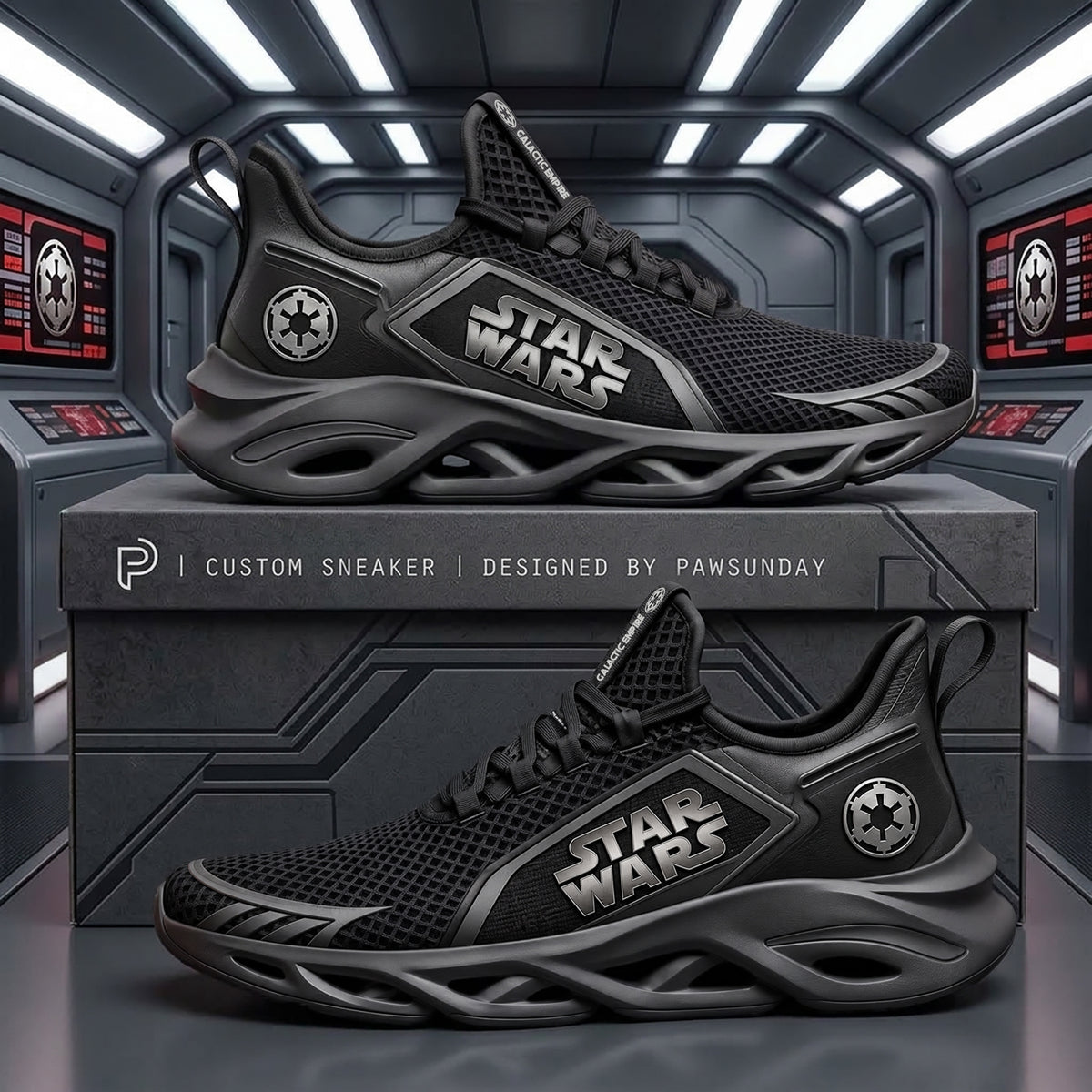 Dark Galactic Empire Chunky Sneakers – Black Sci-Fi Command Shoes