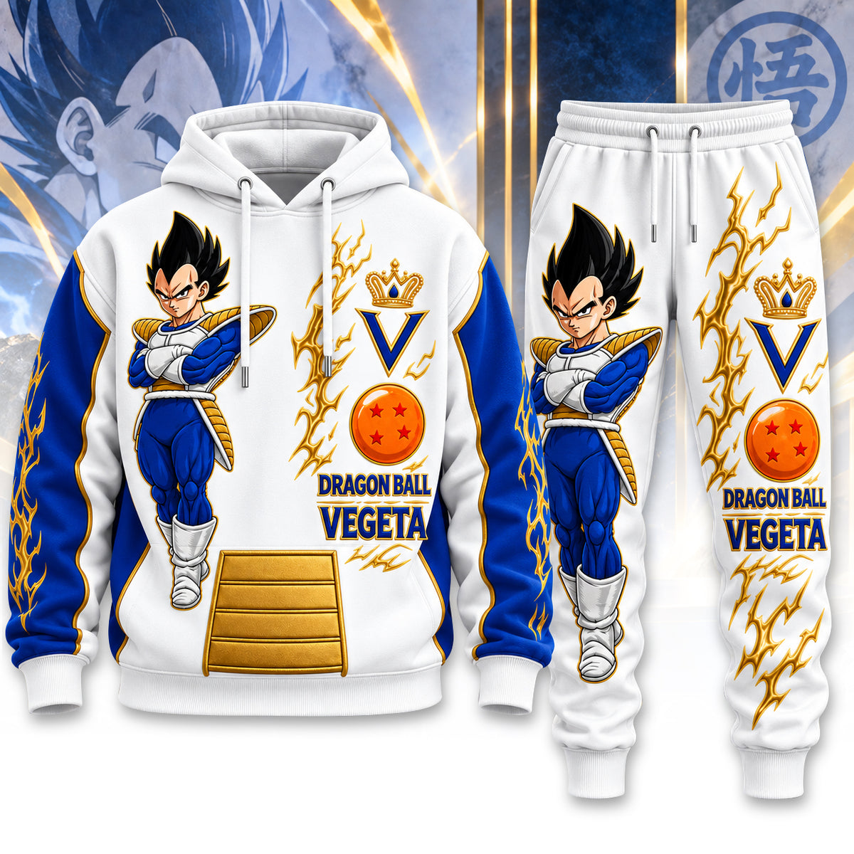 Anime Warrior Hoodie & Sweatpants Set – Blue White Lightning Graphic Tracksuit